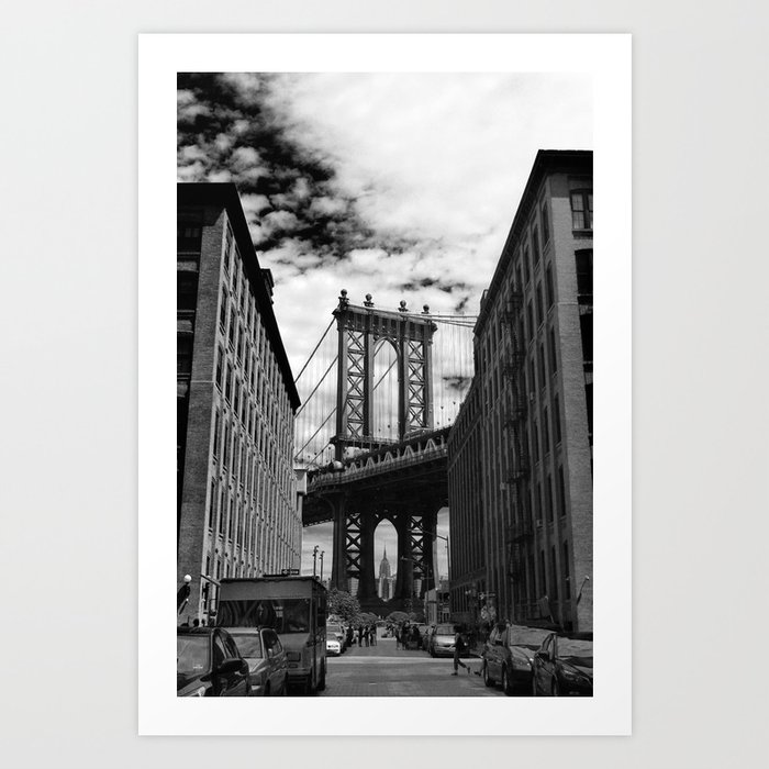 Travel photography “Brooklyn, New York” | Black and white Art Print in Brooklyn with a view of Manhattan Bridge and the Empire State Building Art Print