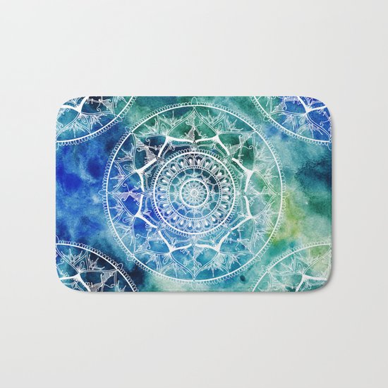White Circle Mandala on Blue Watercolour Bath Mat