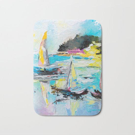 Boats on the lake Bath Mat