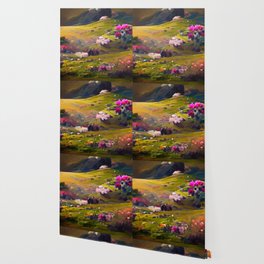 Flower Field and Volcano Wallpaper