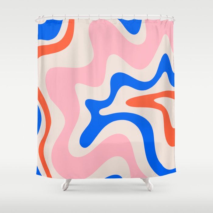 Retro Liquid Swirl Abstract Pattern Square Pink, Orange, and Royal Blue Shower Curtain