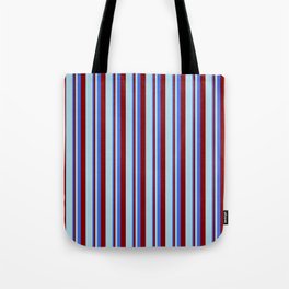 [ Thumbnail: Royal Blue, Maroon, and Light Blue Colored Lines Pattern Tote Bag ]