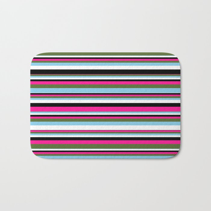 Vibrant Deep Pink, Dark Olive Green, Sky Blue, White, and Black Colored Lined/Striped Pattern Bath Mat