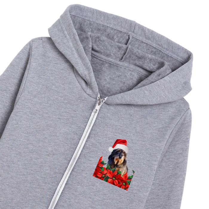 Dachshund Dog Santa Claus - Poinsettia Flowers  Kids Zip Hoodie