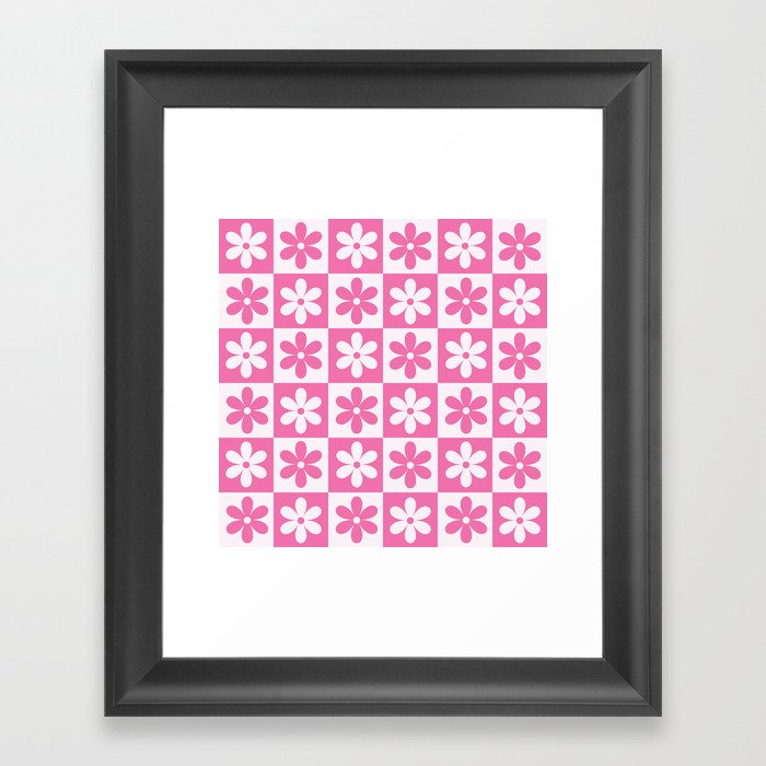 Hot pink and white checkered cute retro flower pattern Framed Art Print