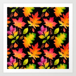 Fall Leaves Watercolor - Black Art Print
