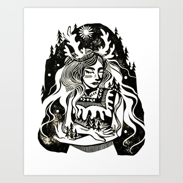 Nymph of the Forest Linocut Block Print Fairy-tale Art Art Print by Kelpie  Kraft