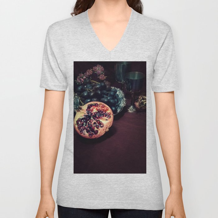Still life with grapes and pommegranate V Neck T Shirt