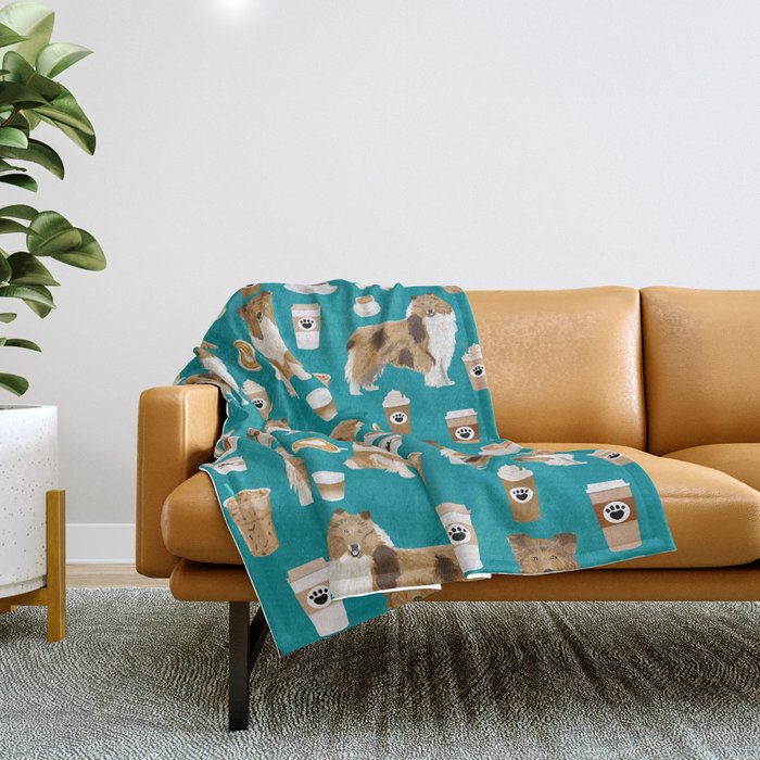 Rough Collie coffee pet portrait dog art by pet friendly latte coffee dog lover gifts Throw Blanket by PetFriendly Society6