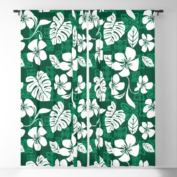 Dark Green & White Hibiscus Aloha Hawaiian Flower Blooms and Tropical Banana Leaves Pattern Blackout Curtain