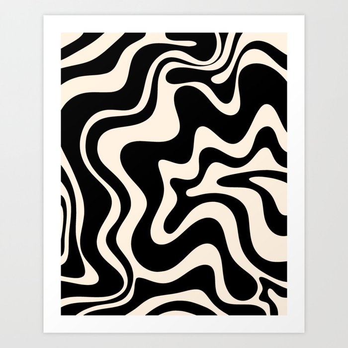 Retro Liquid Swirl Abstract in Black and Almond Cream  Art Print