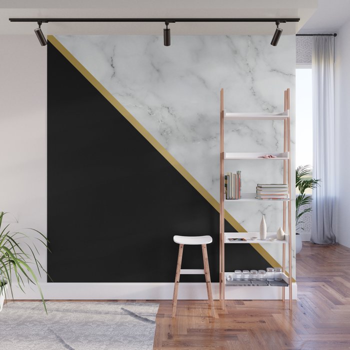 Abstract Black And White Art With Gold And Marble Prints Wall