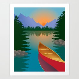 Canoe in a Mountain Lake Pine Tree Forest Art Print