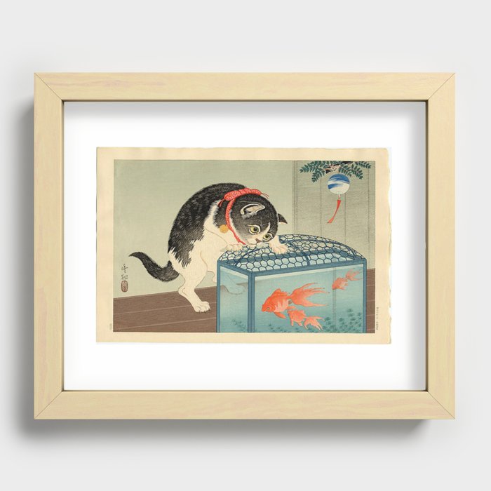 Cat with a Goldfish Bowl - Vintage Japanese Print Recessed Framed Print