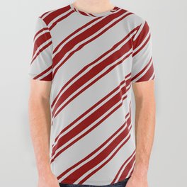 [ Thumbnail: Light Grey and Dark Red Colored Striped Pattern All Over Graphic Tee ]