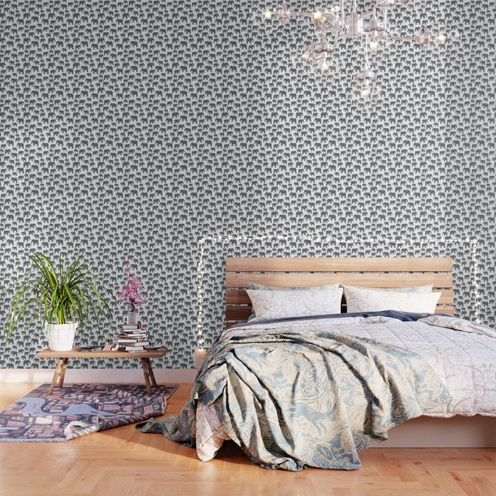 Poppy Seed Gray Elephant Silhouette Pattern on White Wallpaper