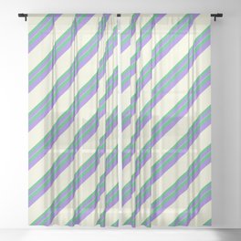 [ Thumbnail: Sea Green, Purple & Beige Colored Stripes/Lines Pattern Sheer Curtain ]