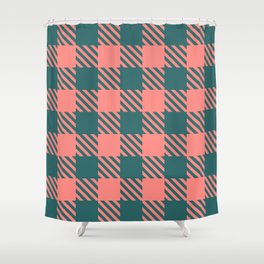 Plaid Pattern Green and Coral Shower Curtain