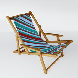 [ Thumbnail: Light Sky Blue, Dark Cyan & Maroon Colored Lined Pattern Sling Chair ]