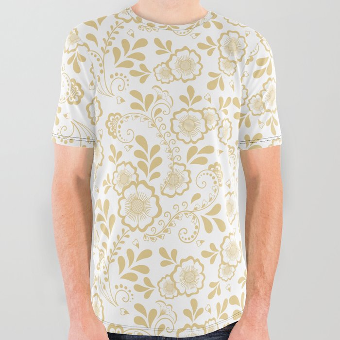 Tan Eastern Floral Pattern All Over Graphic Tee