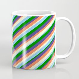 [ Thumbnail: Coral, Light Yellow, Light Sky Blue, Green & Dark Slate Blue Colored Lined/Striped Pattern Coffee Mug ]