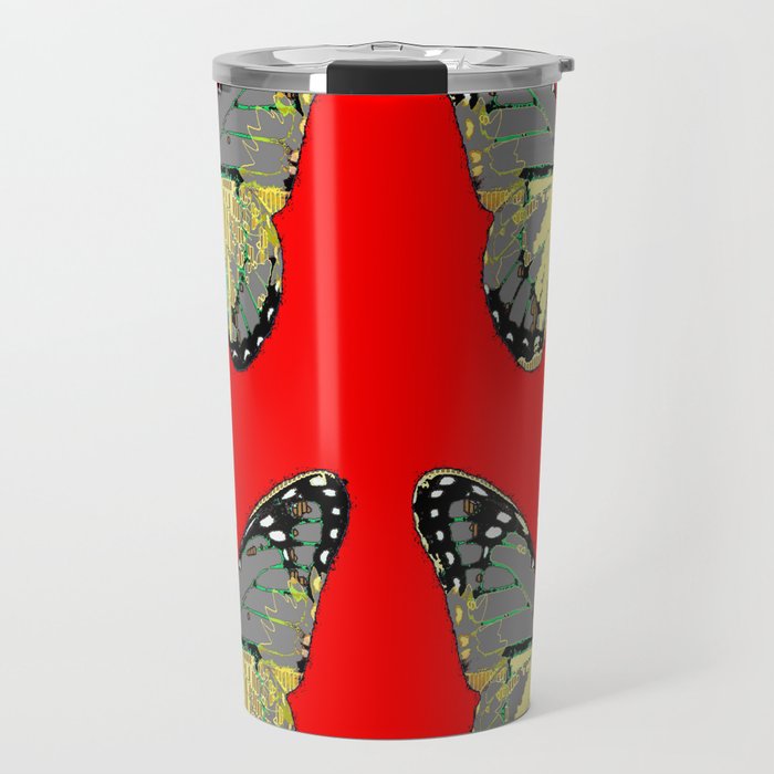 CHARCOAL GREY WESTERN BUTTERFLIES ON RED Travel Mug