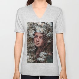 Floral forest female portrait with white blossoms color magical realism photograph / photography V Neck T Shirt