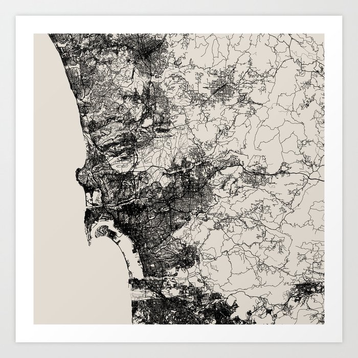 USA, San Diego - Black & White City Map Art Print