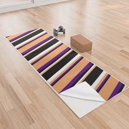 [ Thumbnail: Indigo, Brown, White & Black Colored Striped Pattern Yoga Towel ]