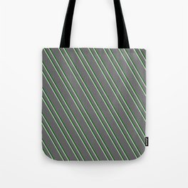 [ Thumbnail: Dim Grey, Dark Green, and Light Grey Colored Stripes Pattern Tote Bag ]