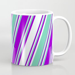 [ Thumbnail: Aquamarine, Dark Violet, and Mint Cream Colored Stripes/Lines Pattern Coffee Mug ]