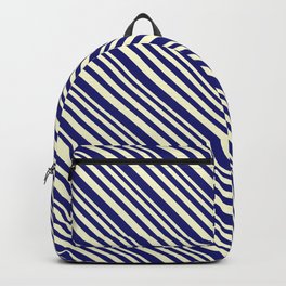 [ Thumbnail: Light Yellow & Midnight Blue Colored Lined/Striped Pattern Backpack ]