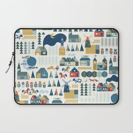 Seamless pattern with scandinavian village in pastel colors. Hygge cozy house inspired by scandinavian folk art. Pattern with colorful buildings on light background. Illustration with nordic village.  Laptop Sleeve