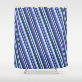 [ Thumbnail: Slate Blue, Dark Slate Gray, and Light Blue Colored Pattern of Stripes Shower Curtain ]