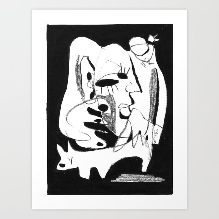 Doggy and Birdie - b&w Art Print