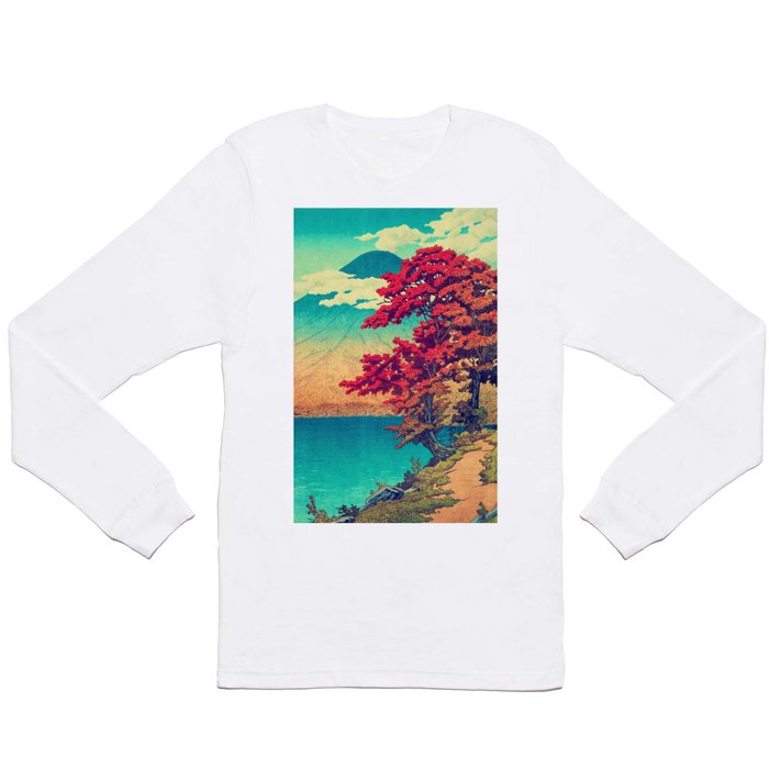 The New Year in Hisseii - Autumn Tree & Mountain by the Ocean Ukiyoe Nature Landscape in Red & Blue Long Sleeve T Shirt