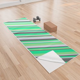 [ Thumbnail: Green, Light Green, Lavender, and Dim Gray Colored Stripes/Lines Pattern Yoga Towel ]