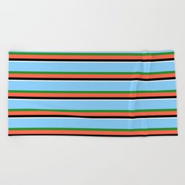 [ Thumbnail: Light Sky Blue, Forest Green, Red, Black, and White Colored Striped/Lined Pattern Beach Towel ]