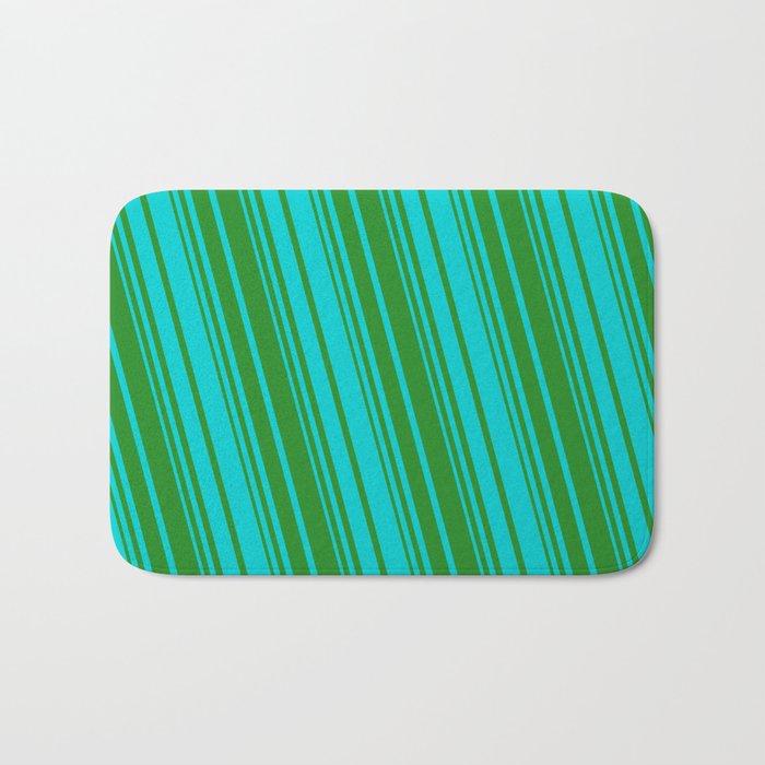 Forest Green & Dark Turquoise Colored Striped Pattern Bath Mat