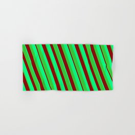 [ Thumbnail: Green, Lime Green & Dark Red Colored Stripes/Lines Pattern Hand & Bath Towel ]