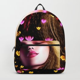 Love and Light Be With You Backpack | Gold, Illuminated, Stablediffusion, Woman, Beauty, Portrait, Graphicdesign, Pink, Fantasy, Digital 