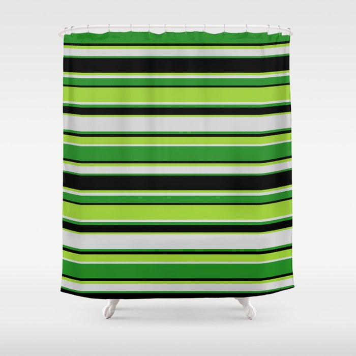 Green, Light Gray, Forest Green, and Black Colored Stripes Pattern Shower Curtain