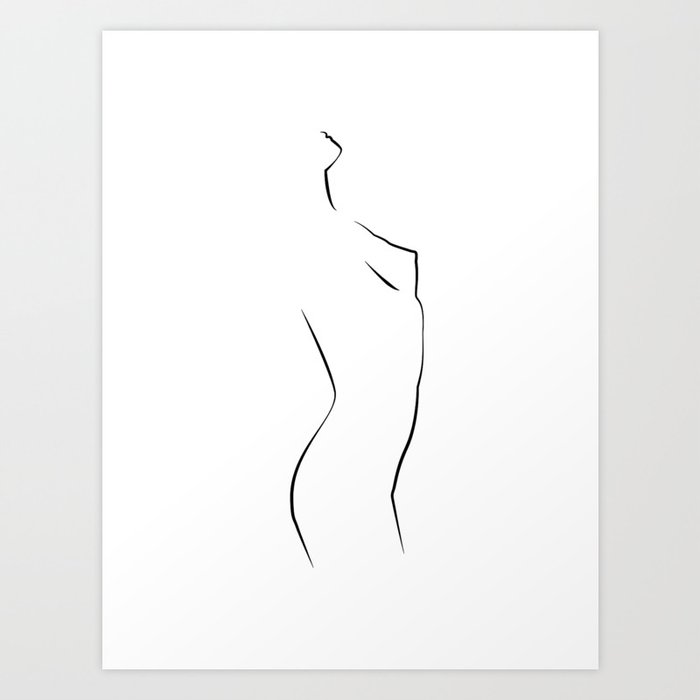 Hand Drawn Nude Female Figure Drawing Print. Black and White