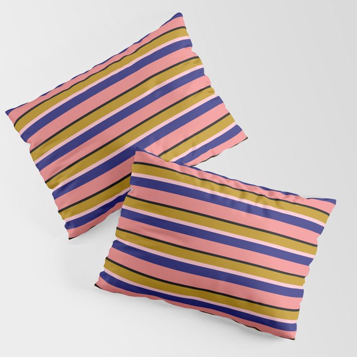 Eye-catching Dark Goldenrod, Pink, Midnight Blue, Light Coral & Black Colored Stripes/Lines Pattern Pillow Sham