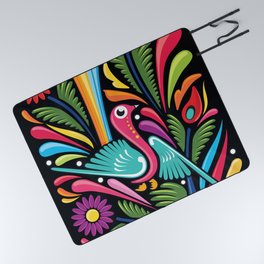 Mexican Otomi - Colorful Bird in Black Background by Akbaly Picnic Blanket