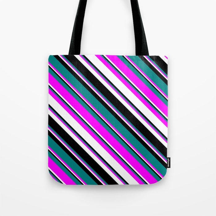 Teal, Fuchsia, White, and Black Colored Lined/Striped Pattern Tote Bag