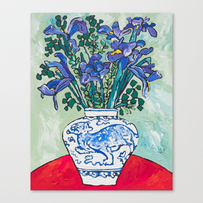 Iris Bouquet In Blue And White Asian Tiger Jar On Green And Coral