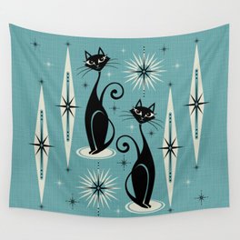 Mid Century Meow Retro Atomic Cats on Blue Wall Tapestry