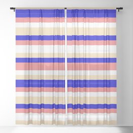 [ Thumbnail: Blue, Light Coral, White & Tan Colored Lined/Striped Pattern Sheer Curtain ]