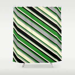 [ Thumbnail: Forest Green, Dark Grey, Light Yellow, and Black Colored Pattern of Stripes Shower Curtain ]